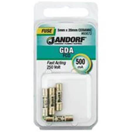 Jandorf Ceramic Fuse, GDA Series, Fast-Acting, 0.5A, 250V AC 3398336